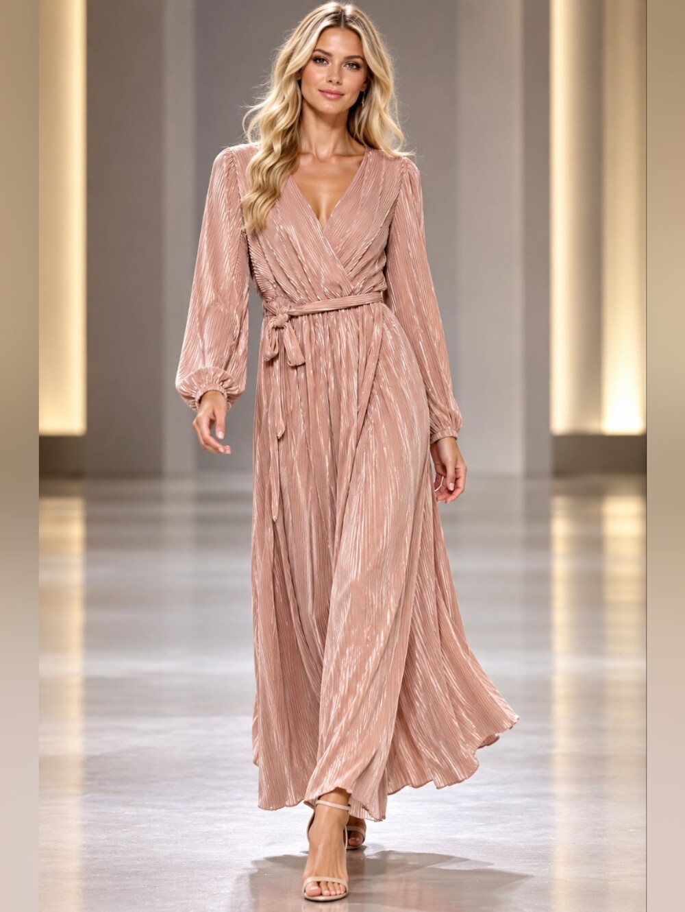 Mikarose Blush Pink Shimmer Pleated Wrap Maxi Formal Dress Size S
